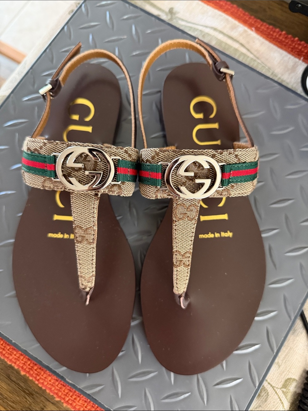 Gucci Brown GG Canvas Thong Sandals with Green-Red Web and Gold Double G